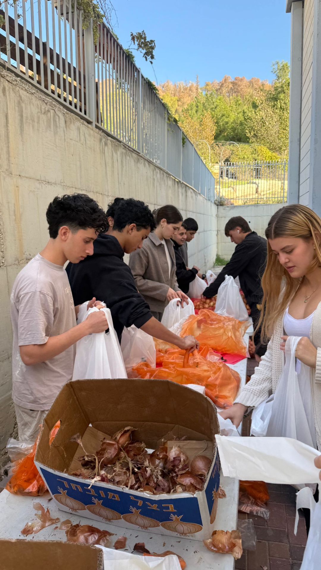 Students working together to pack produce bags at a long table