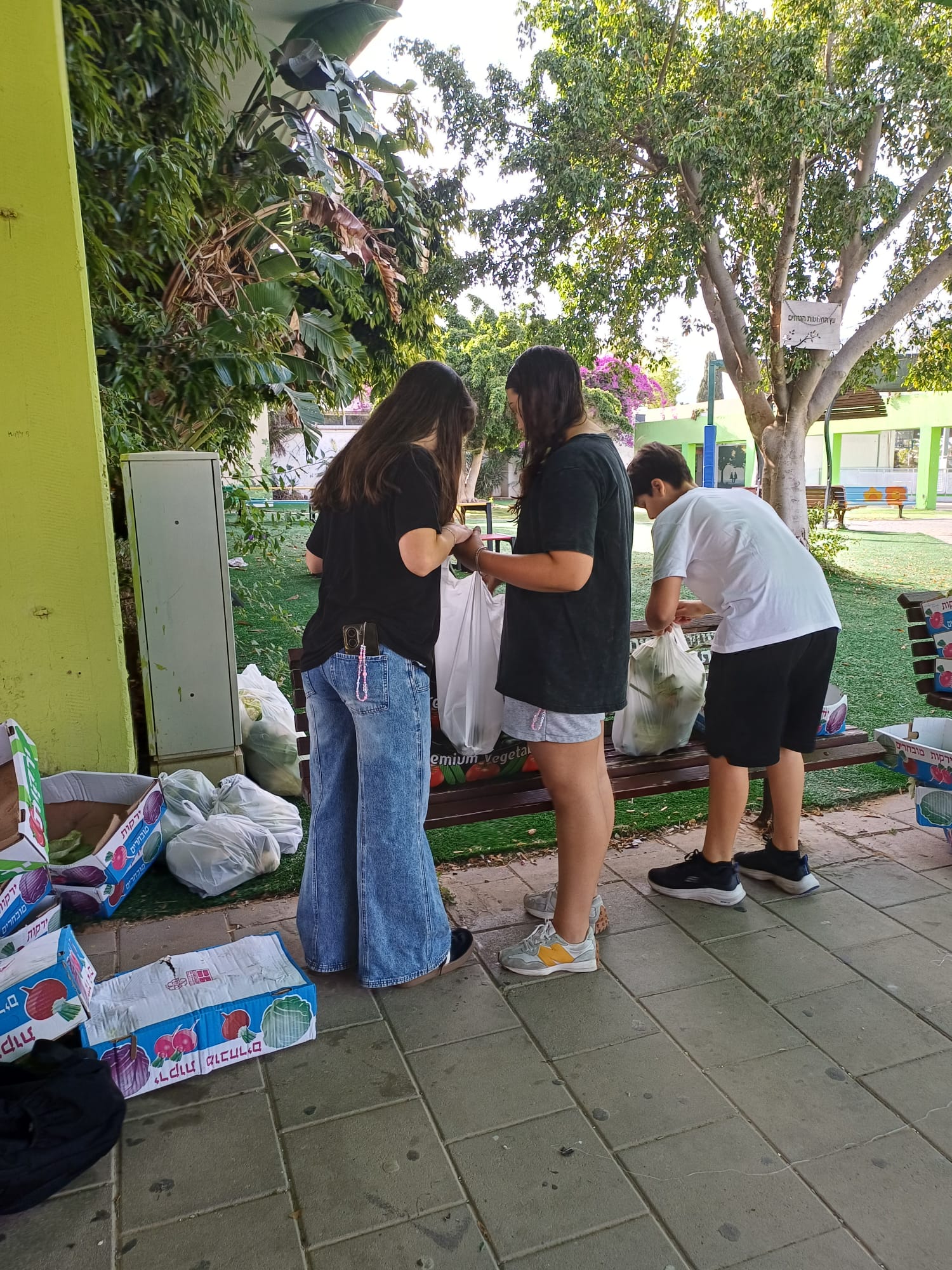 Students packing bags of produce in the school courtyard